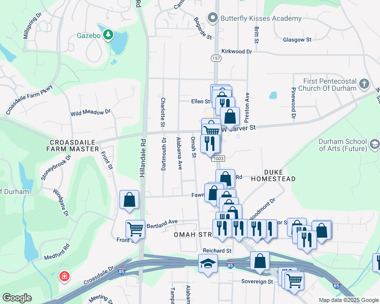 map of restaurants, bars, coffee shops, grocery stores, and more near 3019 Omah Street in Durham