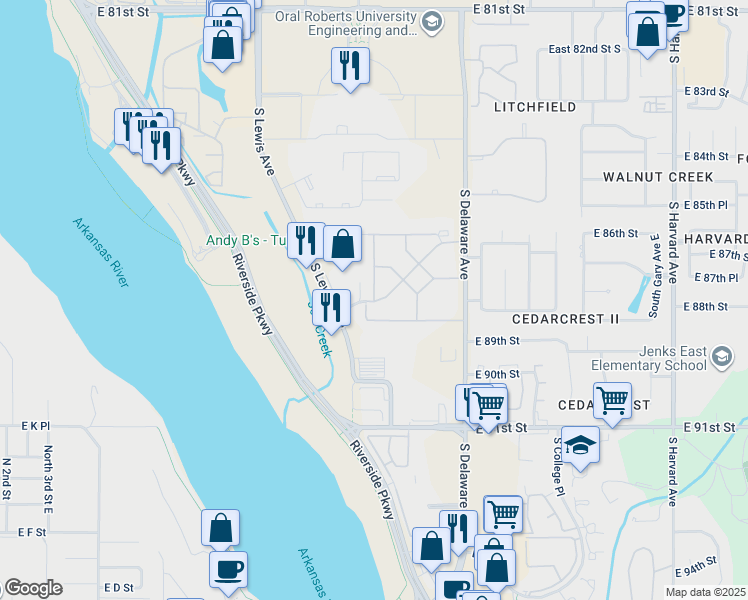 map of restaurants, bars, coffee shops, grocery stores, and more near 2505 East 88th Street in Tulsa