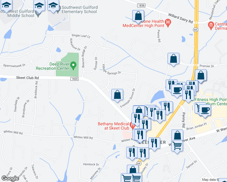 map of restaurants, bars, coffee shops, grocery stores, and more near 4222 Sunburst Drive in High Point