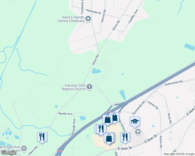 map of restaurants, bars, coffee shops, grocery stores, and more near 1804 Glenn School Road in Durham