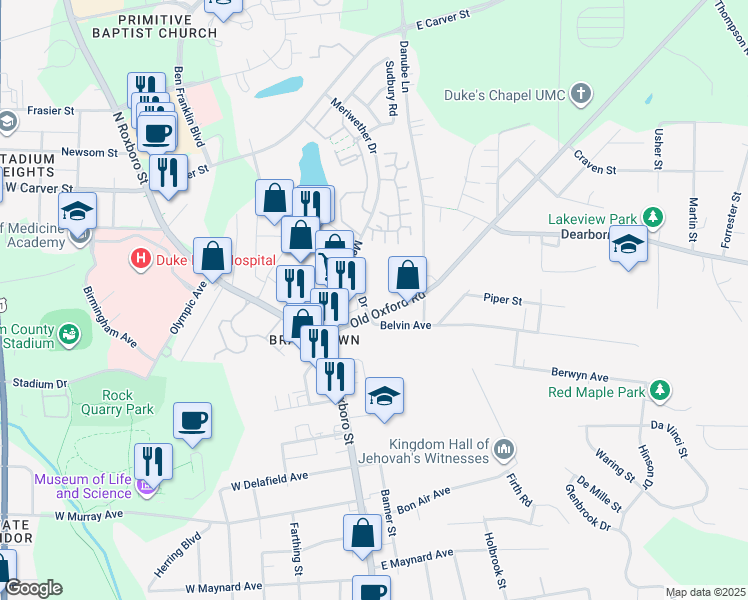 map of restaurants, bars, coffee shops, grocery stores, and more near 301 Old Oxford Road in Durham