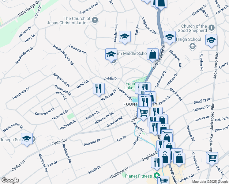 map of restaurants, bars, coffee shops, grocery stores, and more near 5531 Fountain Road in Knoxville