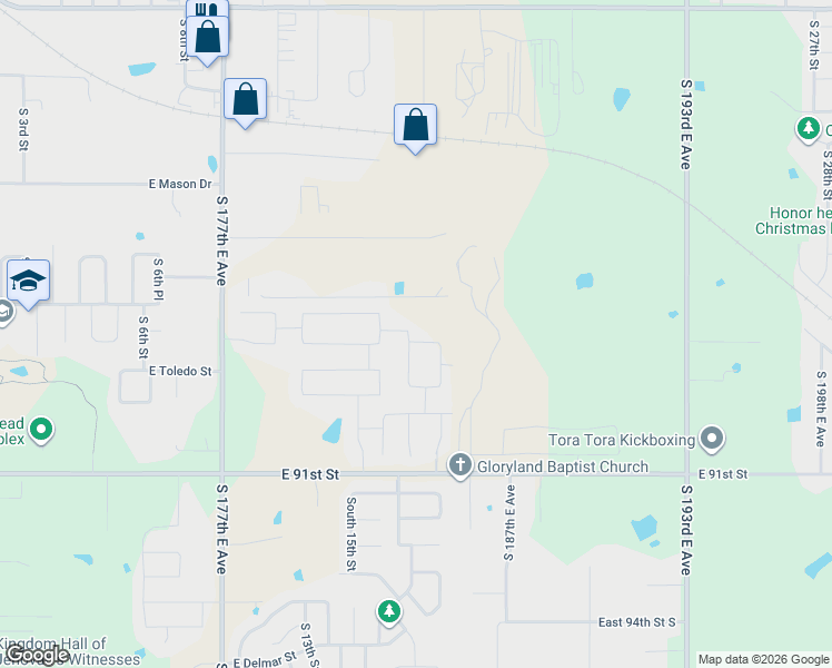 map of restaurants, bars, coffee shops, grocery stores, and more near 8709 South Lynn Lane Road in Broken Arrow