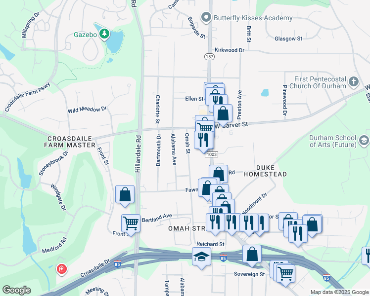 map of restaurants, bars, coffee shops, grocery stores, and more near 3019 Omah Street in Durham
