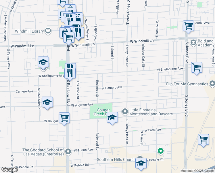 map of restaurants, bars, coffee shops, grocery stores, and more near 6634 West Camero Avenue in Las Vegas