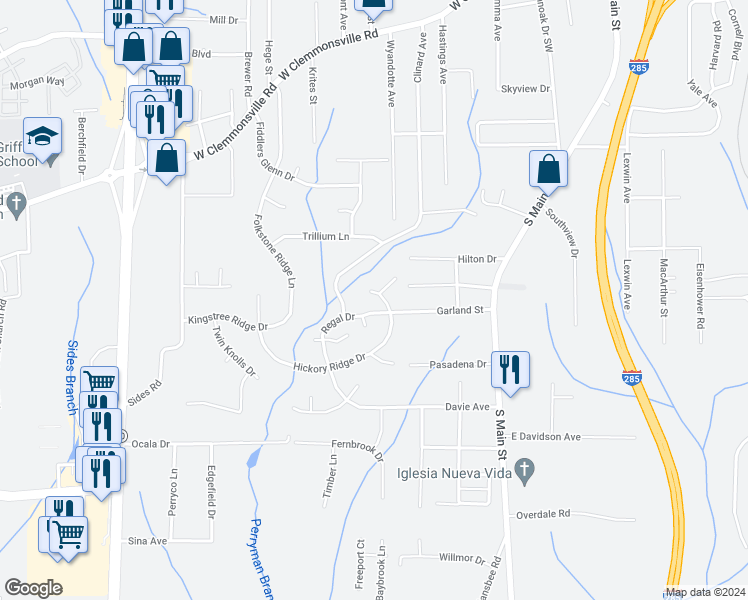 map of restaurants, bars, coffee shops, grocery stores, and more near 3221 Hickory Ridge Drive in Winston-Salem