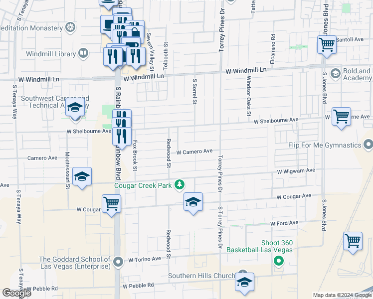 map of restaurants, bars, coffee shops, grocery stores, and more near 6634 West Camero Avenue in Las Vegas