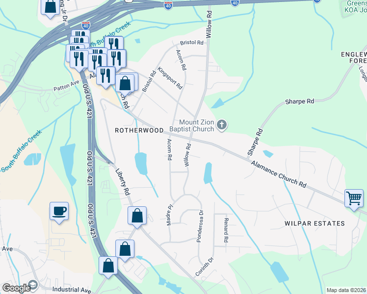 map of restaurants, bars, coffee shops, grocery stores, and more near in Greensboro