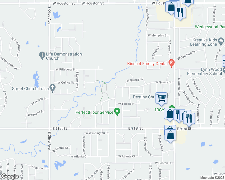 map of restaurants, bars, coffee shops, grocery stores, and more near 1610 South Fir Place in Broken Arrow