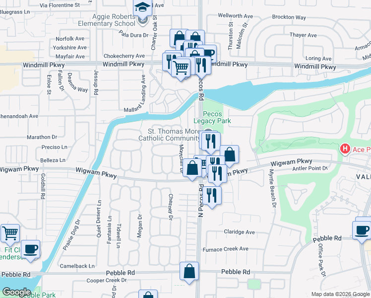 map of restaurants, bars, coffee shops, grocery stores, and more near 112 Painted Valley Street in Henderson