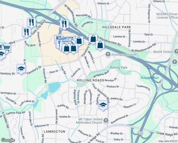 map of restaurants, bars, coffee shops, grocery stores, and more near 2224 Revelle Lane in Greensboro
