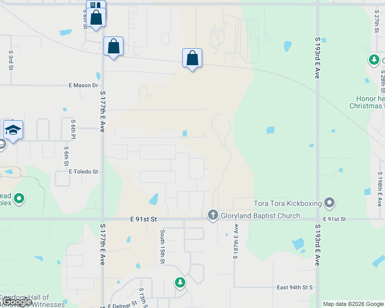 map of restaurants, bars, coffee shops, grocery stores, and more near 8709 South Lynn Lane Road in Broken Arrow
