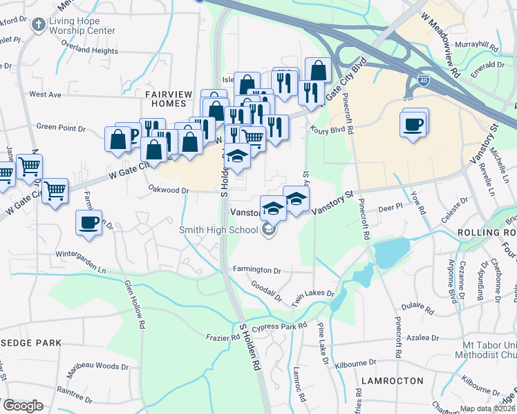 map of restaurants, bars, coffee shops, grocery stores, and more near 2826 Vanstory Street in Greensboro
