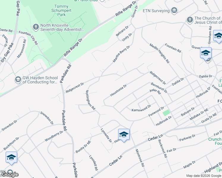 map of restaurants, bars, coffee shops, grocery stores, and more near 1913 Houstonia Drive in Knoxville