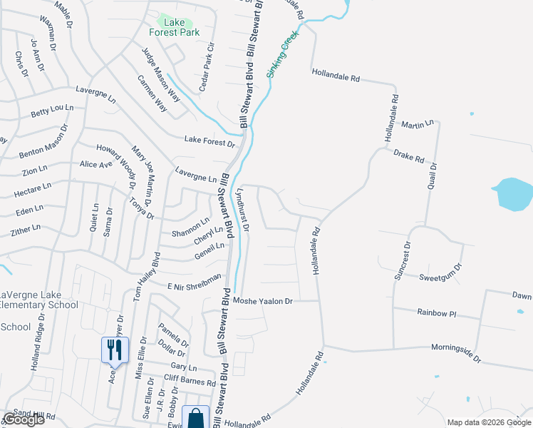 map of restaurants, bars, coffee shops, grocery stores, and more near 1114 Harmony Lane in La Vergne
