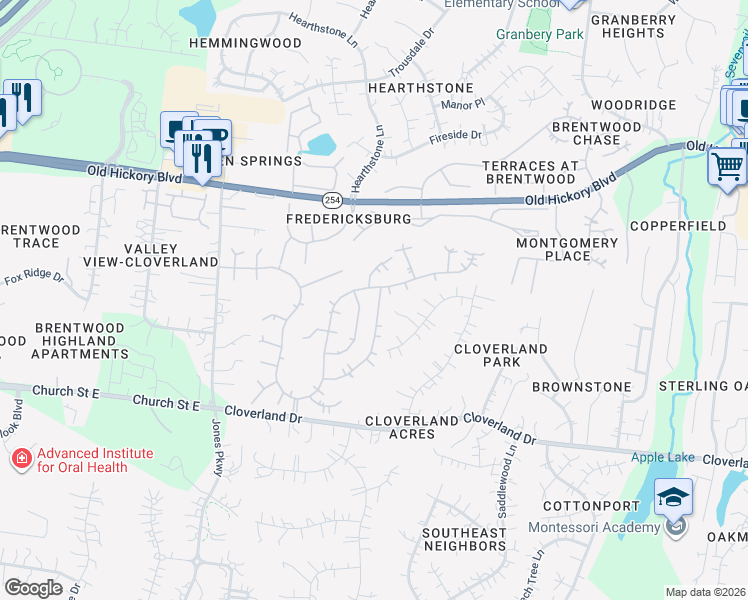 map of restaurants, bars, coffee shops, grocery stores, and more near 4856 Manassas Drive in Brentwood