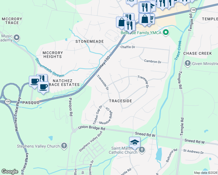 map of restaurants, bars, coffee shops, grocery stores, and more near 5533 Traceside Drive in Nashville