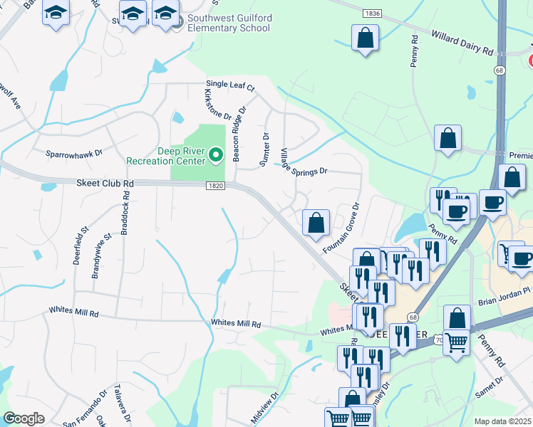 map of restaurants, bars, coffee shops, grocery stores, and more near 3703 Quail Marsh Court in High Point