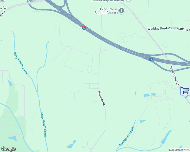 map of restaurants, bars, coffee shops, grocery stores, and more near 3860 Hastings Road in Kernersville