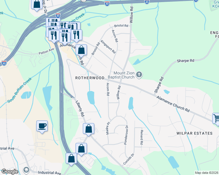 map of restaurants, bars, coffee shops, grocery stores, and more near 2210 Acorn Road in Greensboro