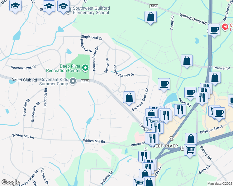 map of restaurants, bars, coffee shops, grocery stores, and more near 4205 Sunburst Drive in High Point