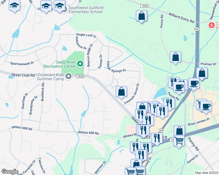 map of restaurants, bars, coffee shops, grocery stores, and more near 4205 Sunburst Drive in High Point