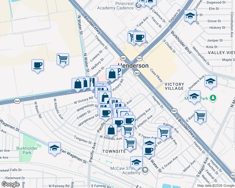 map of restaurants, bars, coffee shops, grocery stores, and more near 22 Washington Way in Henderson