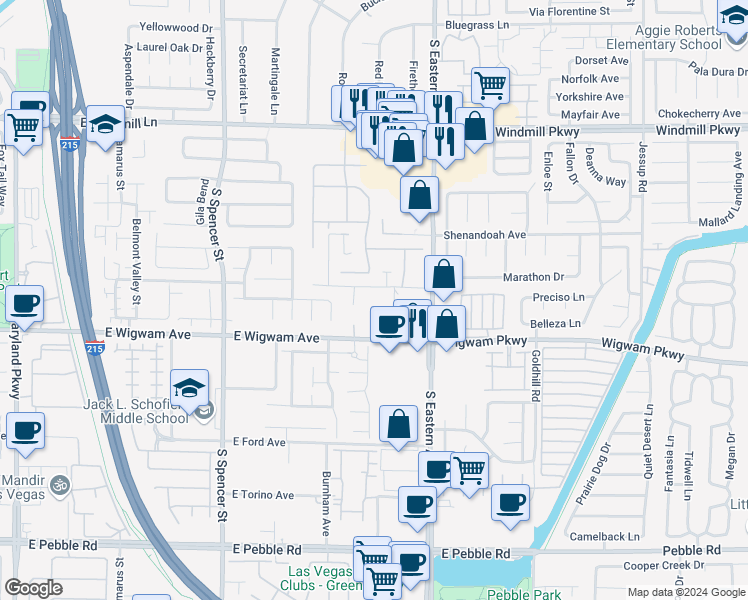 map of restaurants, bars, coffee shops, grocery stores, and more near 2225 East Camero Avenue in Las Vegas