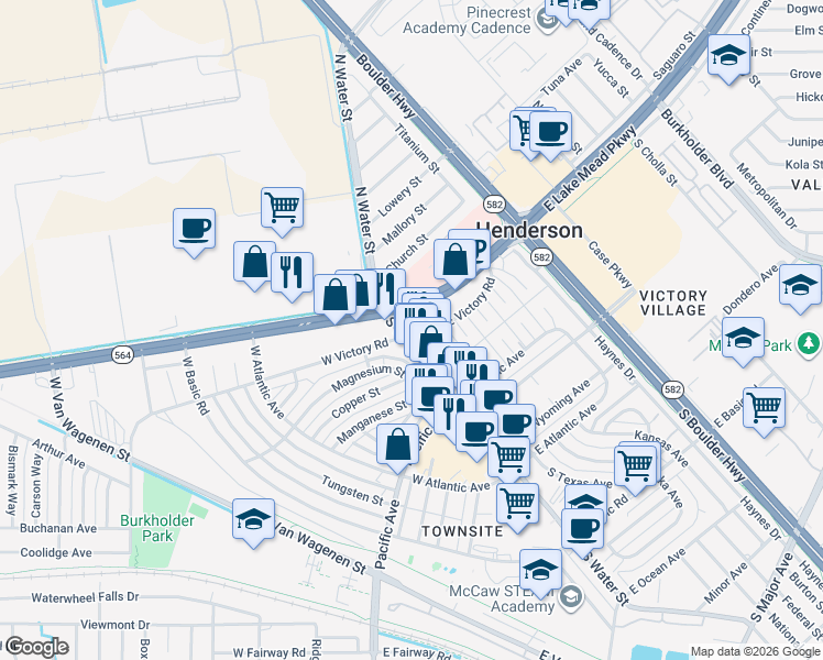 map of restaurants, bars, coffee shops, grocery stores, and more near 85 East Lake Mead Parkway in Henderson