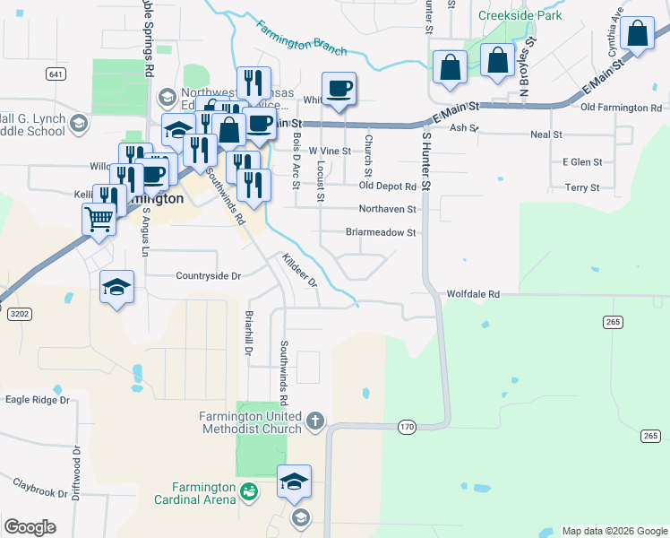 map of restaurants, bars, coffee shops, grocery stores, and more near in Farmington