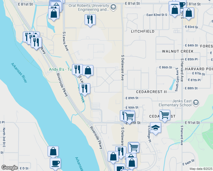 map of restaurants, bars, coffee shops, grocery stores, and more near 2522 East 88th Street in Tulsa