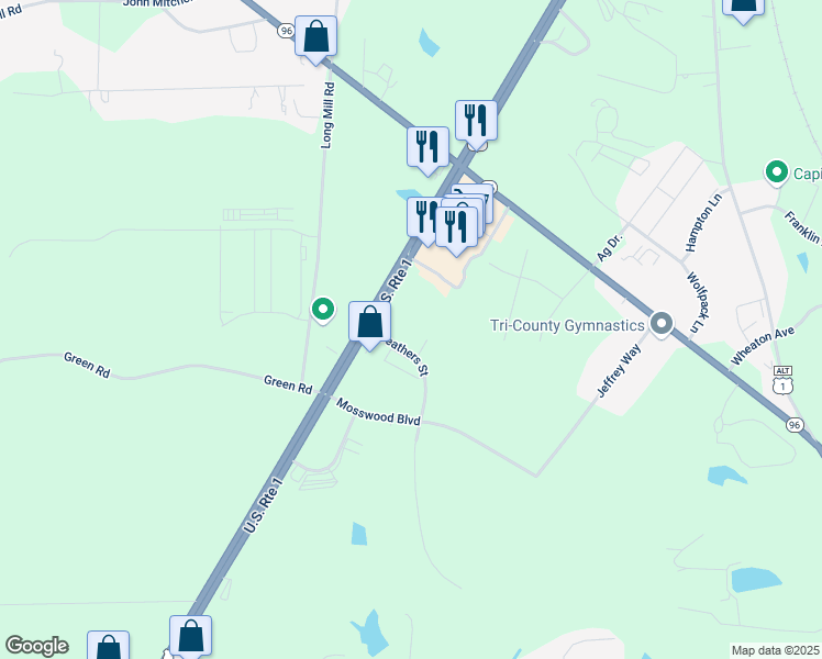 map of restaurants, bars, coffee shops, grocery stores, and more near 165 Weathers Street in Youngsville