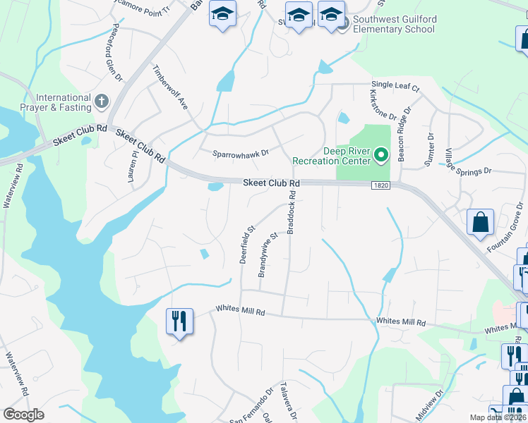 map of restaurants, bars, coffee shops, grocery stores, and more near 4020 Deerfield Street in High Point