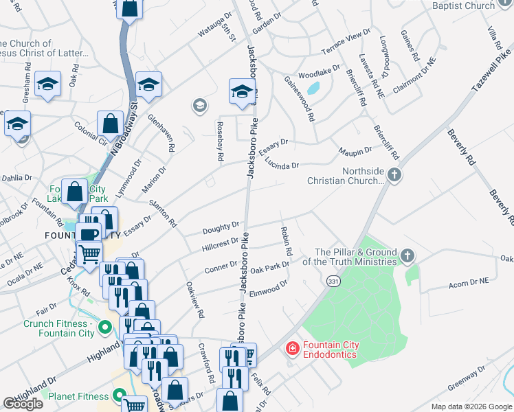 map of restaurants, bars, coffee shops, grocery stores, and more near 5205 Jacksboro Pike in Knoxville