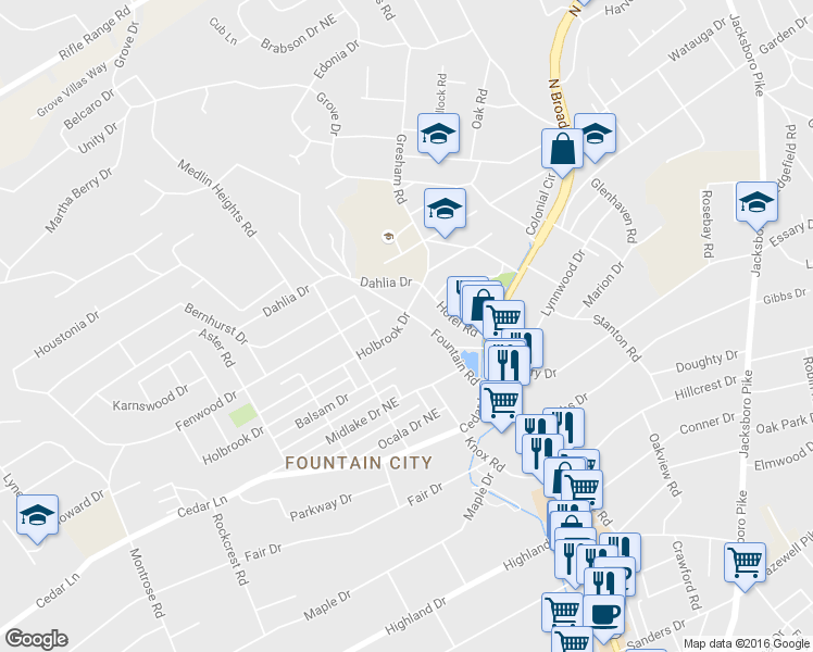 map of restaurants, bars, coffee shops, grocery stores, and more near 5531 Fountain Road in Knoxville