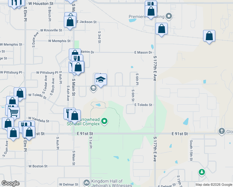 map of restaurants, bars, coffee shops, grocery stores, and more near 1721 South 4th Street in Broken Arrow