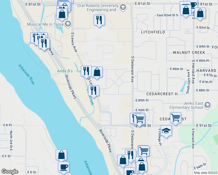 map of restaurants, bars, coffee shops, grocery stores, and more near 2522 East 88th Street in Tulsa