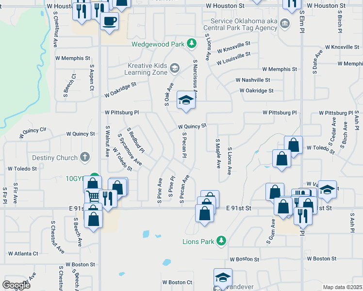 map of restaurants, bars, coffee shops, grocery stores, and more near 1664 South Pecan Place in Broken Arrow