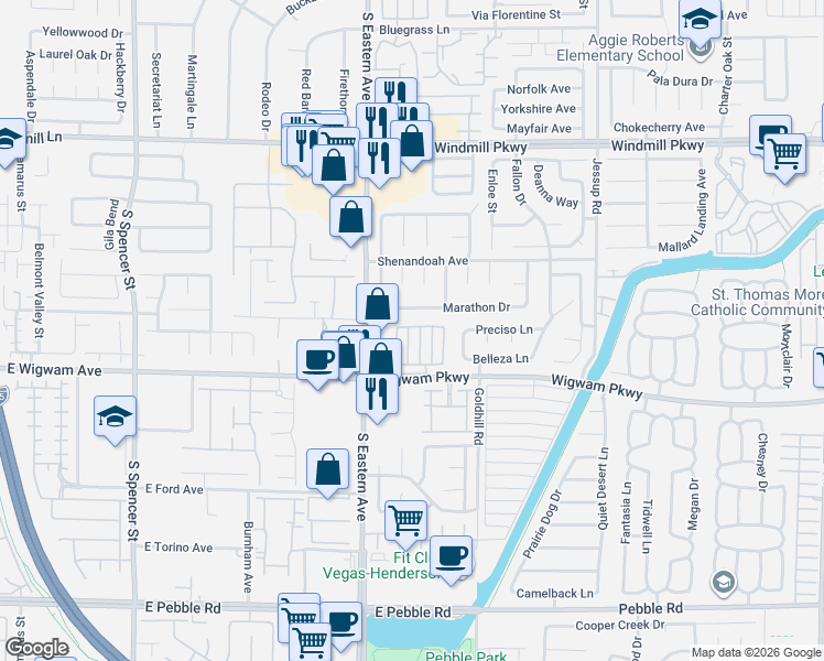 map of restaurants, bars, coffee shops, grocery stores, and more near 118 Blueberry Lane in Henderson