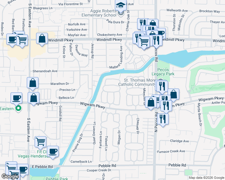 map of restaurants, bars, coffee shops, grocery stores, and more near 146 Carriage Way West in Henderson