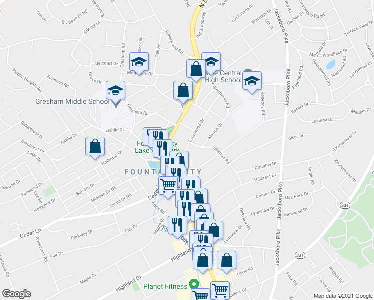 map of restaurants, bars, coffee shops, grocery stores, and more near 122 Lynnwood Drive in Knoxville