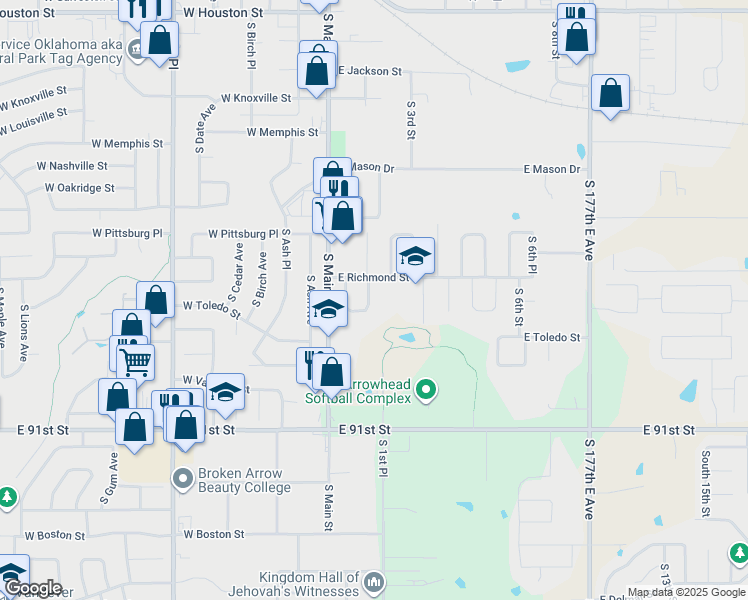 map of restaurants, bars, coffee shops, grocery stores, and more near 1713 South 1st Place in Broken Arrow