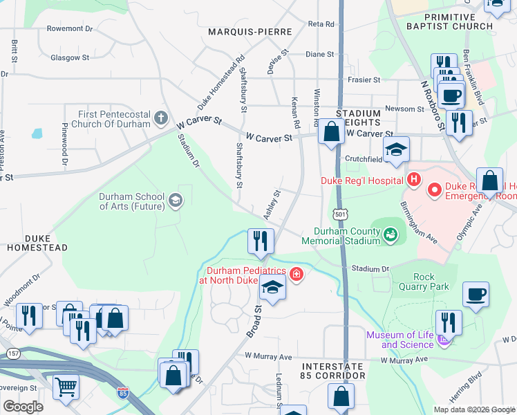 map of restaurants, bars, coffee shops, grocery stores, and more near 1306 Stadium Drive in Durham