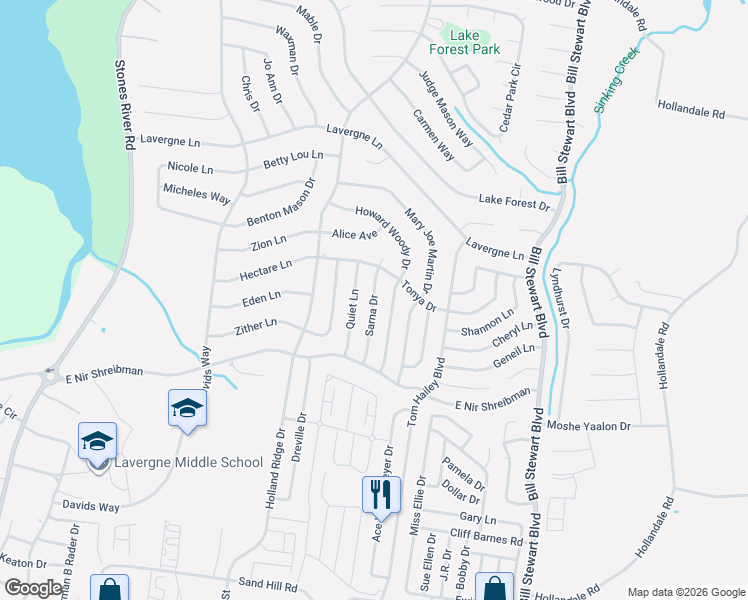 map of restaurants, bars, coffee shops, grocery stores, and more near 322 Sarna Drive in La Vergne