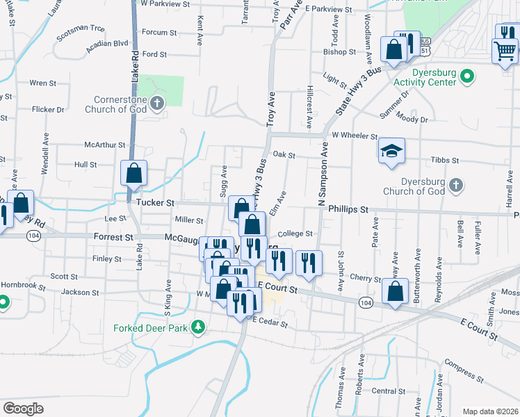 map of restaurants, bars, coffee shops, grocery stores, and more near 425 Elm Avenue in Dyersburg