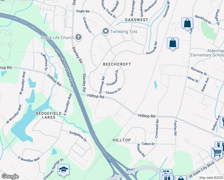 map of restaurants, bars, coffee shops, grocery stores, and more near 4809 Chaucer Drive in Greensboro