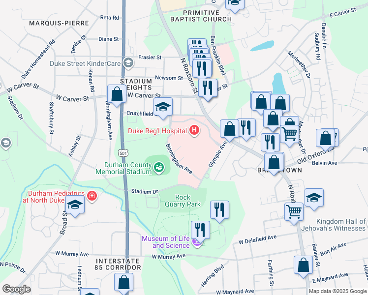 map of restaurants, bars, coffee shops, grocery stores, and more near 3643 North Roxboro Street in Durham