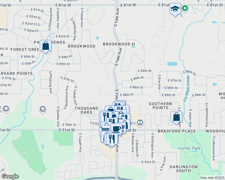map of restaurants, bars, coffee shops, grocery stores, and more near 8714 South Winston Place in Tulsa