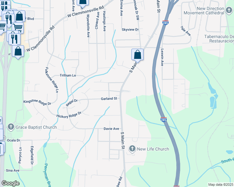 map of restaurants, bars, coffee shops, grocery stores, and more near 4134 S Main St in Winston-Salem