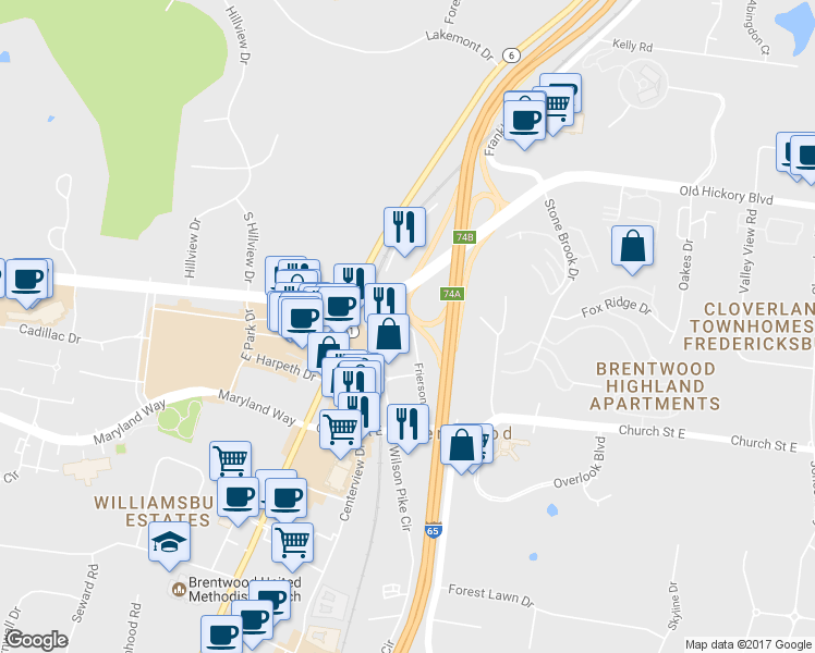map of restaurants, bars, coffee shops, grocery stores, and more near 130 Frierson Street in Brentwood